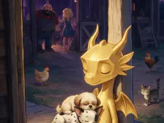 A small dog asleep on the gold dragon.