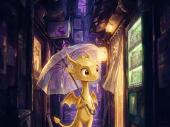 The gold dragon in a rainy Tokyo alley at night.