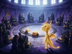 A great hall of machines validating numbered blocks, the gold dragon among them.