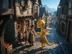 The gold dragon handing out gold to villagers in a square.