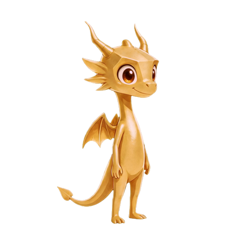 $Auggy: a slender gold dragon with long swept horns, small bat wings and a spade-tipped tail.