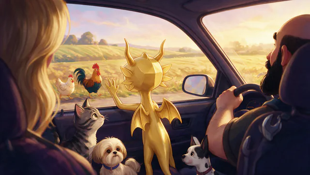 $Auggy story illustration: Trip Car Window Sunset